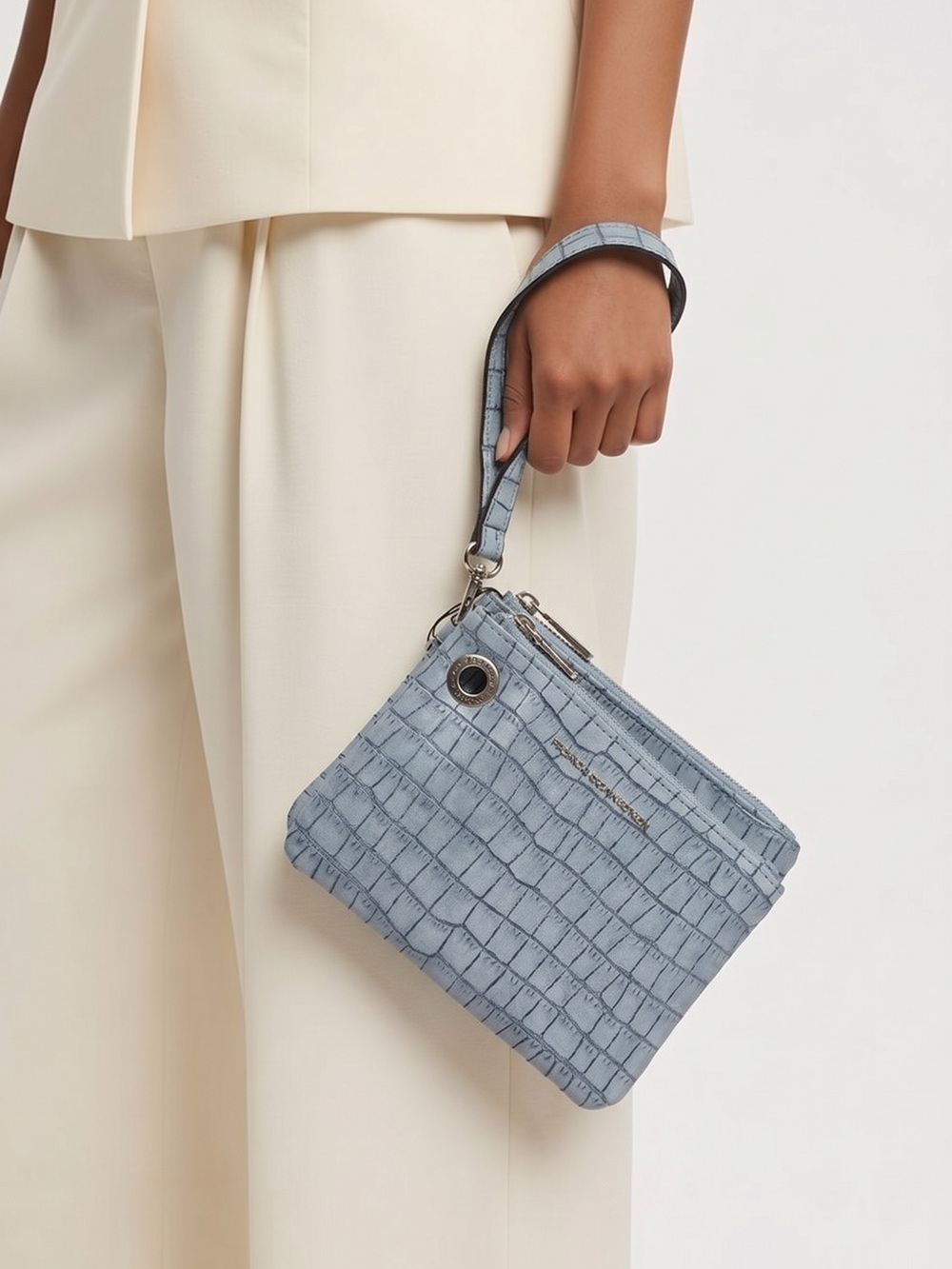 NWT French Connection Denim Blue Croc Embossed Double Pouch with Wristlet Strap